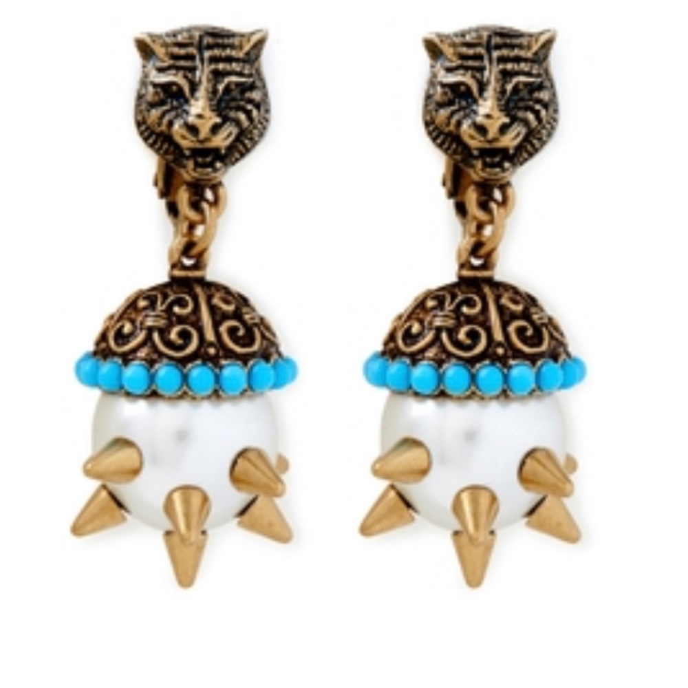 $550+NEW Gucci Faux Pearl Spike Feline Head Clip-on Drop Earrings